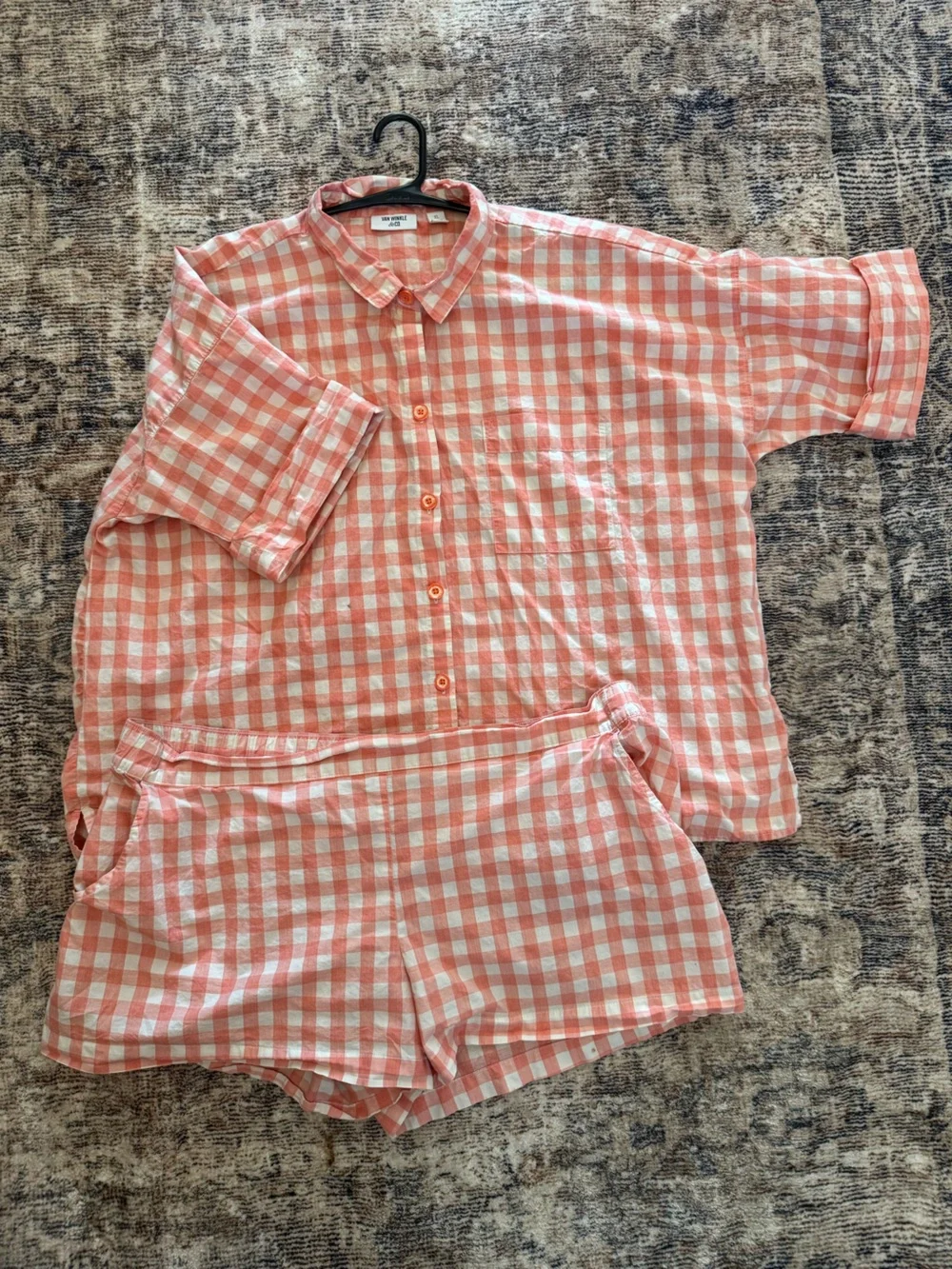 Gingham Button-Up PJ Shirt & Shorts in Peach and White